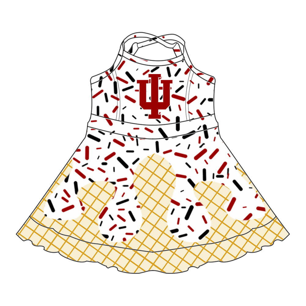 Preorder (moq 5)Baby Girls Strap Red Trident Drip Shorts Ruffle Team Knee Length Dresses