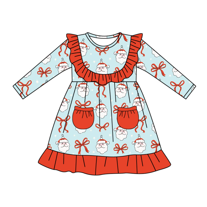 Preorder (moq 5)Baby Girls Blue Long Sleeves Bows Santa Pockets Ruffle Knee Length Dresses