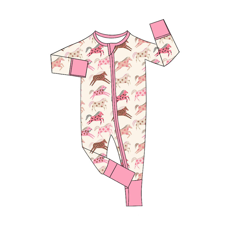 Preorder (moq 5) Baby Girls Hearts Horses Valentines Two Way Zip Convertible Rompers