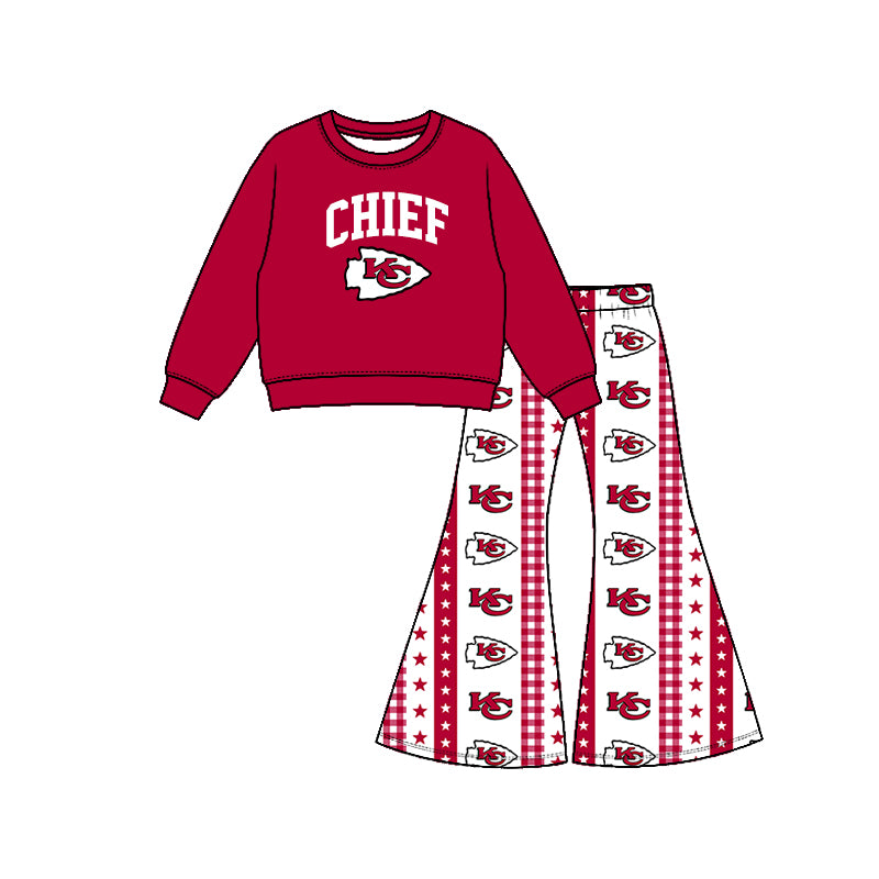 Preorder (moq 5) Girls Chief Football Team Long Sleeve Shirts Bell Pants Boutique Outfits Clothes Sets