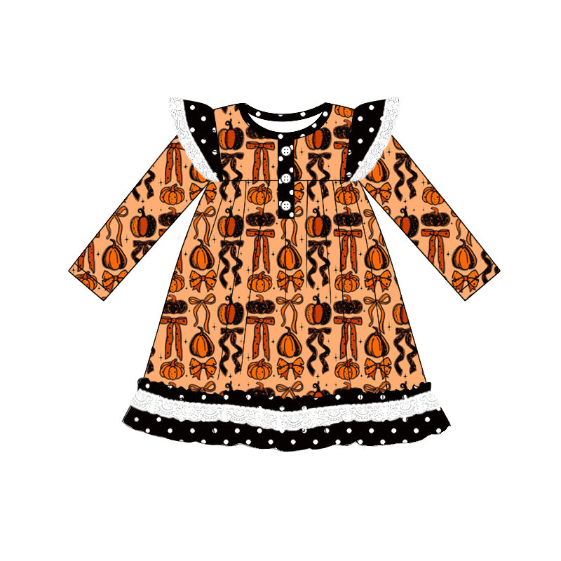 Preorder (moq 5)Baby Girls Long Sleeves Bows Pumpkins Plaid Button Ruffle Knee Length Dress