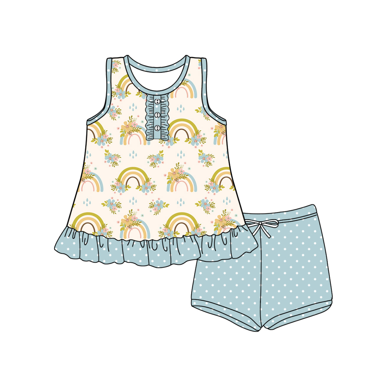 Preorder (moq 5)Baby Girls Sleeveless Button Rainbows Floral Tunic Blue Polka Dots Short Set