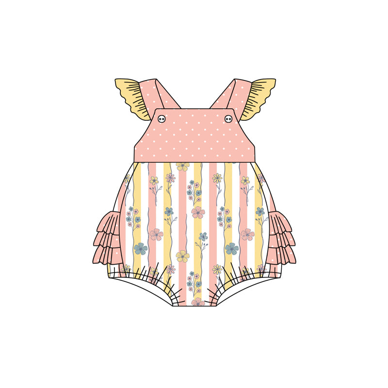 Preorder(moq 5)Baby Infant Girls Pink Yellow Flowers Ruffles Summer Rompers