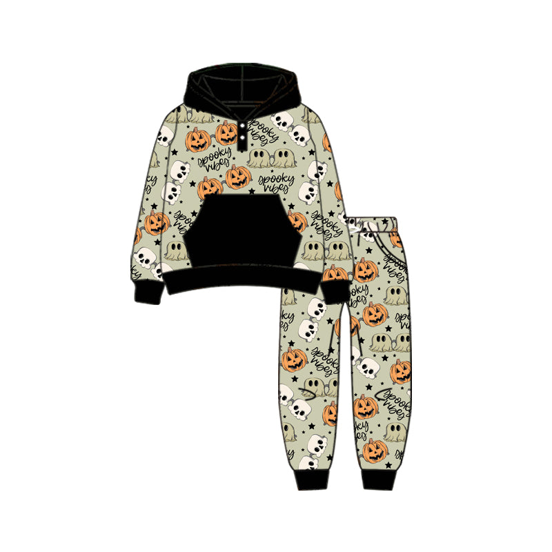 Preorder (moq 5)Baby Boys Long Sleeves Green Ghosts Pumpkins Plaid Button Pocket Hoodies Legging Pants Set