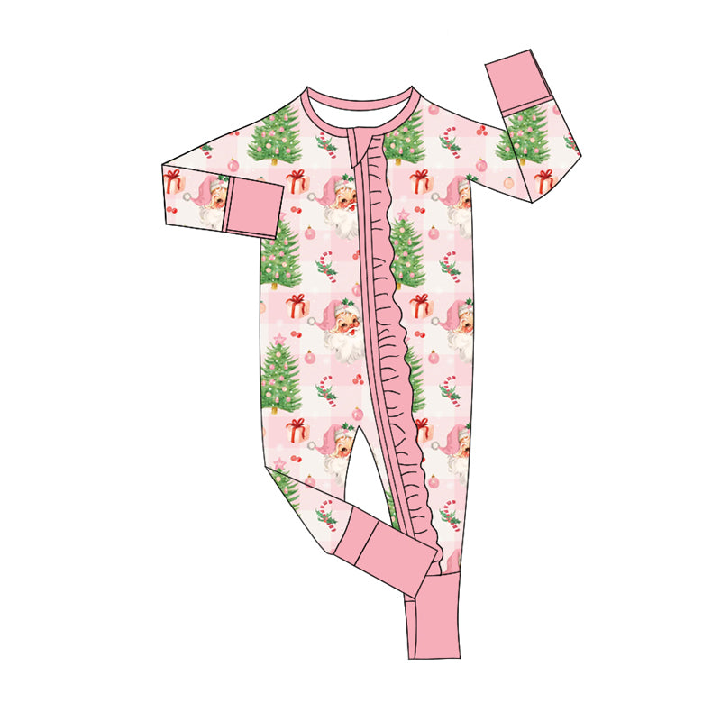 Preorder moq 5 Baby Infant Girls Long Sleeves Pink Plaid Santa Trees Ruffle Zipper Romper