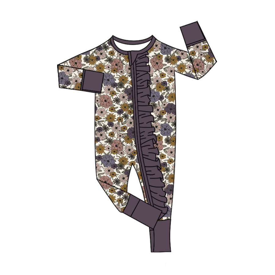 Preorder (moq 5)Baby Girls Colorful Flowers Two Way Ruffle Zip Convertible Rompers