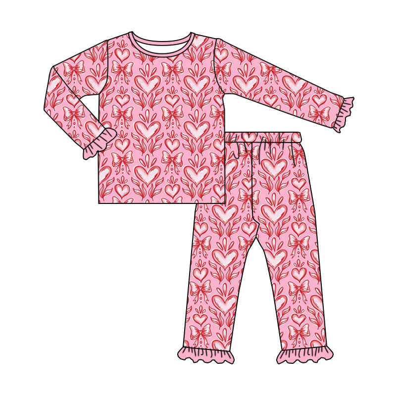 Preorder (moq 5) Baby Girl Clothes Vintage Heart Bow Mixed Print Long Sleeve Ruffle Pajama Set