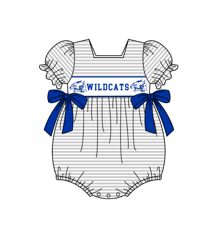 Preorder (moq 5)Baby Girls Wildcats Bows Stripe Team Ruffle Rompers