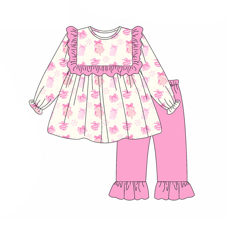 Preorder (moq 5)Baby Girls Long Sleeves Pink Bows Gifts Tunic Ruffle Pant Set