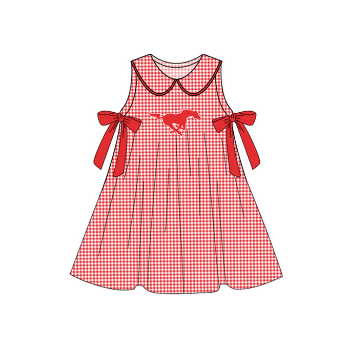 Preorder (moq 5)Baby Girls Red Plaid Sleeveless Bows Horses Team Knee Length Dresses