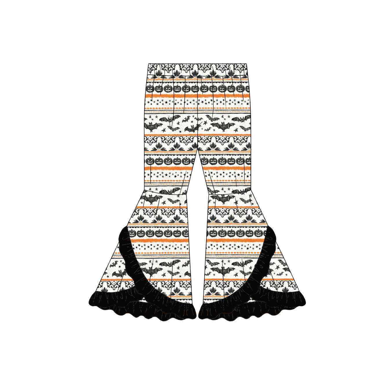 Preorder (moq 5)Baby Girls Ghost Pumpkins Stripe Halloween Double Ruffle Bell Bottom Pants