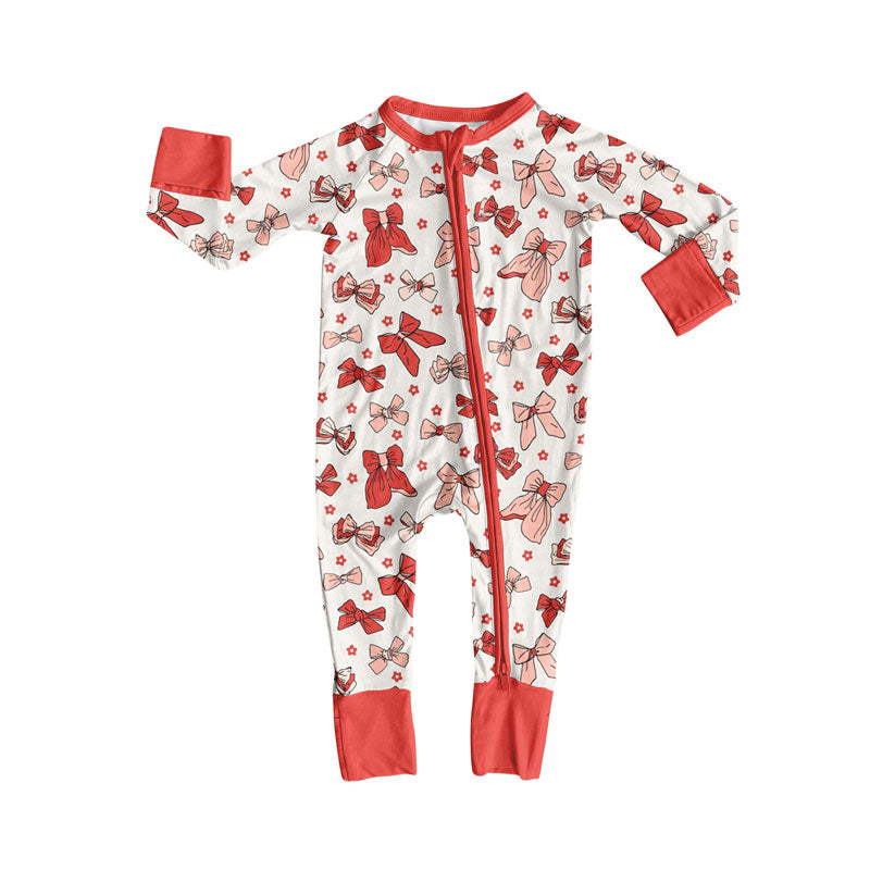 Preorder(moq 8)Baby Girls Red Flowers Bows Long Sleeve Zipper Footie Rompers