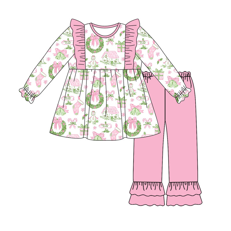 Preorder (moq 5)Baby Girls Long Sleeves Holly Bows Snowman Plaid Tunic Ruffle Pants Set