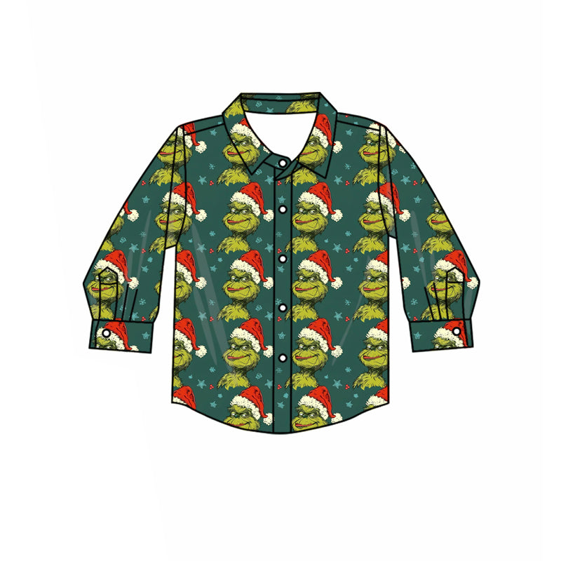 Preorder(moq 5) Baby Boys Long Sleeves Green Face Stripe Button Christmas Shirts Top