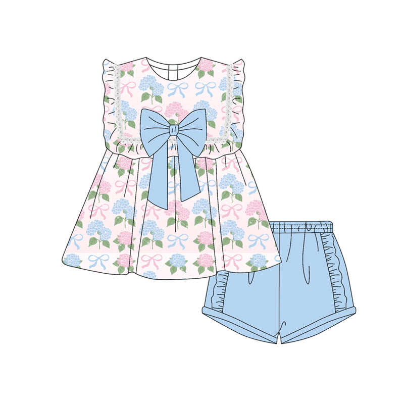 Preorder moq 5 Baby Girls Sleeveless Blue Pink Flowers Bows Tunic Ruffle Short Set
