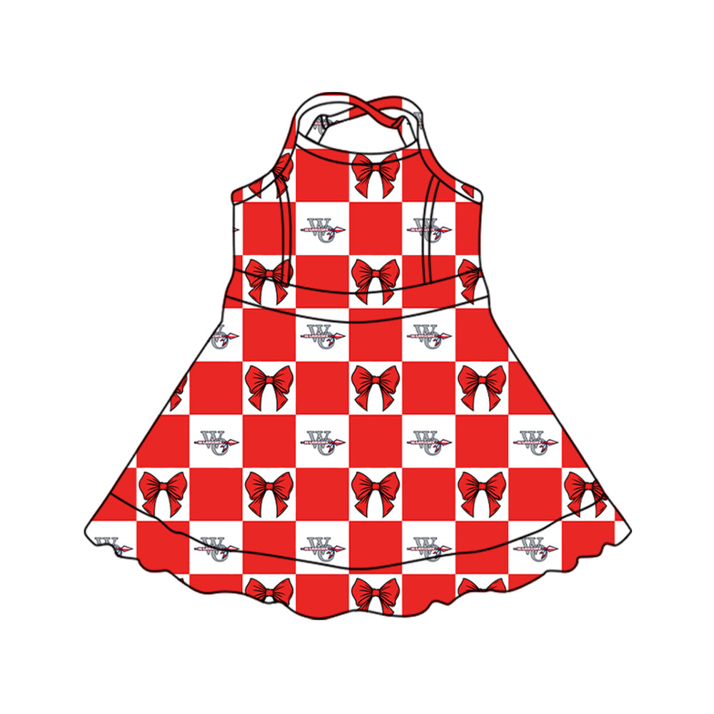 Preorder (moq 5)Baby Girls Strap Red Bows Checked Warriors Yoga Active Team Short Knee Length Dress
