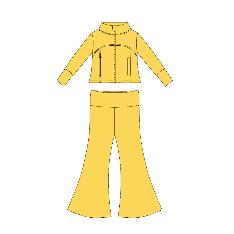 Preorder moq 10 Baby Girls Yellow Long Sleeves Pockets Zipper Top Bell Bottom Pant Set
