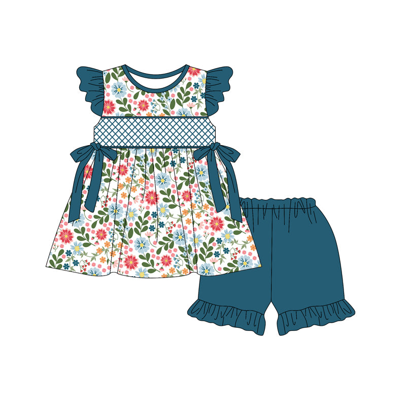 Preorder (moq 5)Baby Girls Navy Flutter Sleeves Bows Floral Tunic Ruffle Short Sets