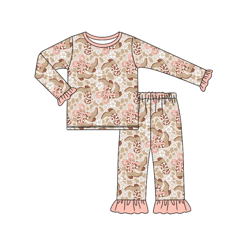 Preorder (moq 5)Baby Girls Pink Long Ruffle Sleeves Camo Bows Boots Top Pant Pajamas Set