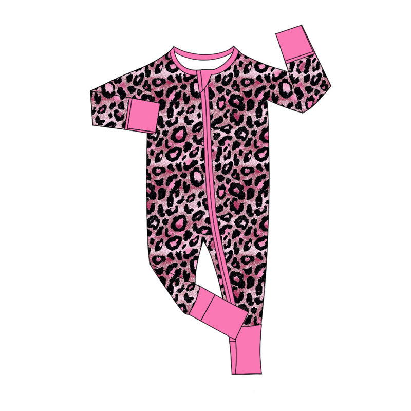 Preorder (moq 5)Baby Girls Pink Black Leopard Zipper Footie Rompers