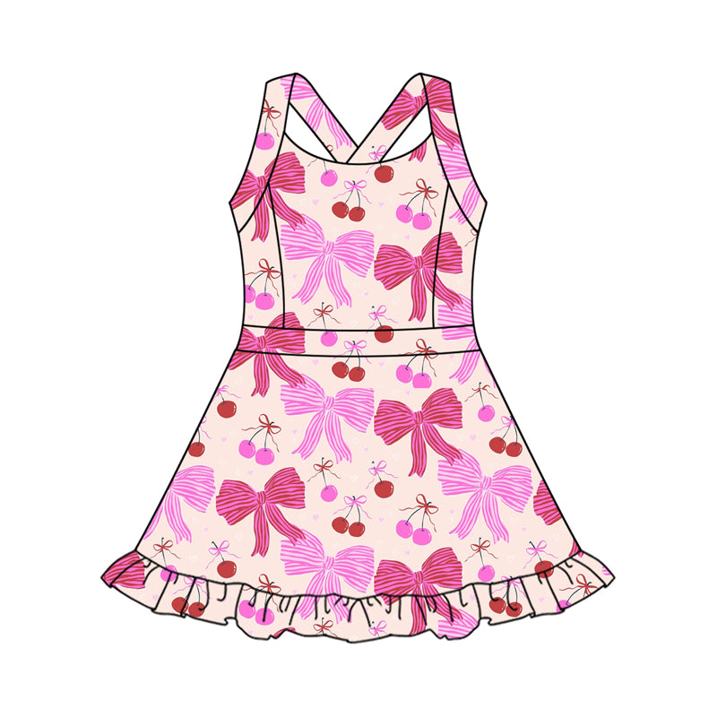 Preorder moq 10 Baby Girls Strap Pink Bows Cherry Activity Wear Yoga Knee Length Dresses