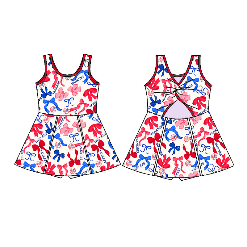 Preorder (moq 5)Baby Girls Sleeveless Red Blue Bows Plaid Yankees Short Team Knee Length Dresses