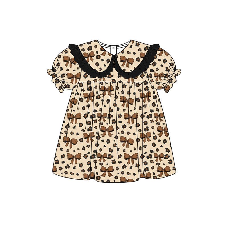 Preorder moq 5 Baby Girls Brown Leopard Bows Collar Knee Length Dresses