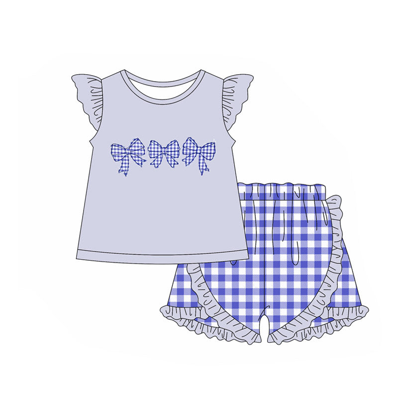 Preorder (moq 5)Baby Girls Blue Flutter Sleeves Plaid Bows Top Ruffle Shorts Set