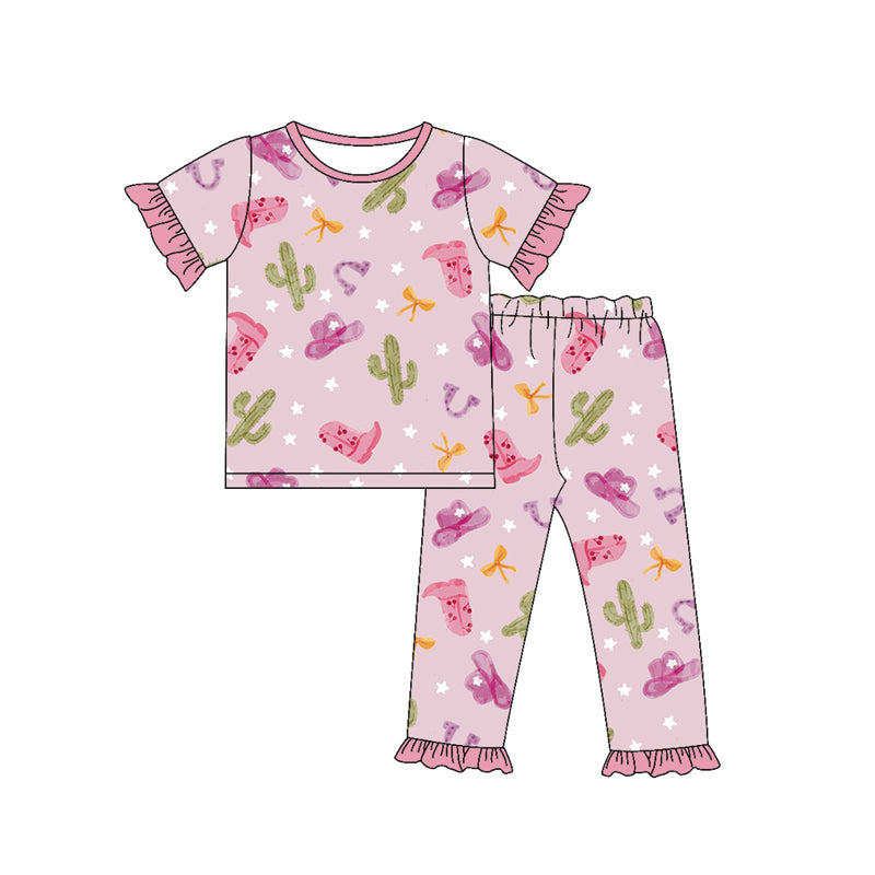 Preorder (moq 5)Baby Girls Cactus Boots Hats Top Ruffle Pants Western Pajamas Sets