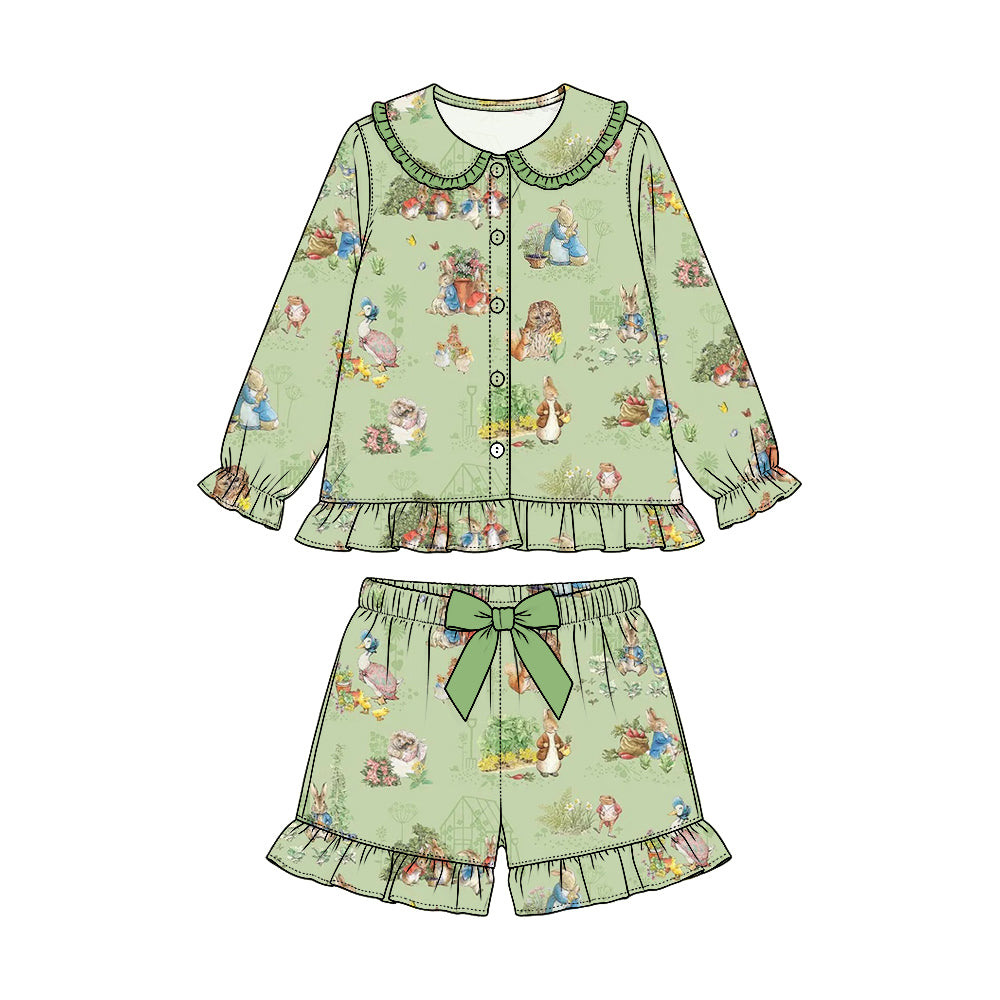 Preorder (moq 5) Baby Girl Clothes Pastel Farm Bunny Floral Allover Print Long Sleeve Button Shorts Pajama Set