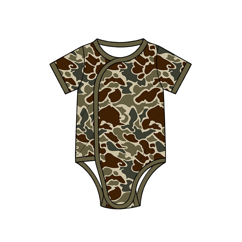 Preorder (moq 5) Baby Boy Clothes Vintage Brown Duck Camo Print Short Sleeve Side Snap Romper