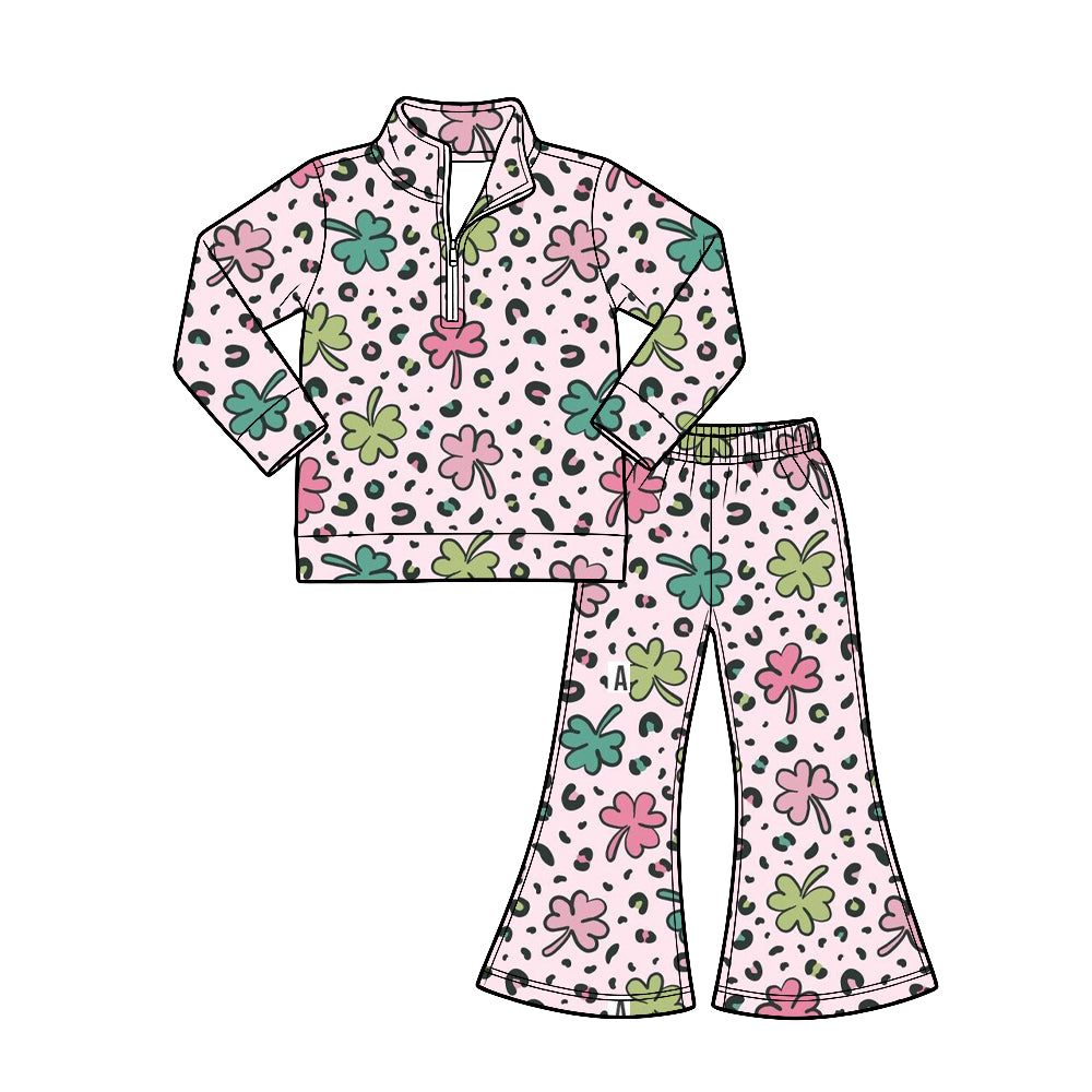 Preorder (moq 5) Baby Girl Clothes St Patrick’s Day Leopard Clover Print Long‑sleeve Quarter Zip Top Flare Pants Set