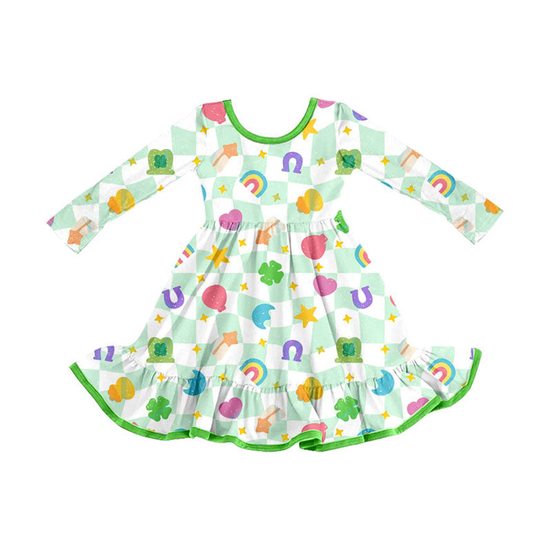 Preorder (moq 5)Baby Girls Green Checked Clovers Stars St Patrick Ruffle Knee Length Dresses