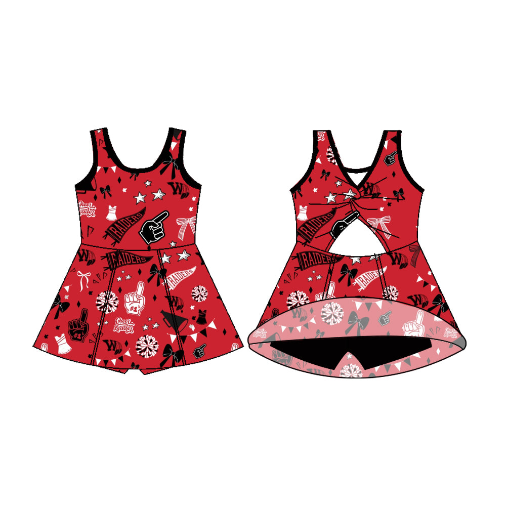 Preorder (moq 5)Baby Girls Sleeveless Red Raiders Bows Football Team Shorts Dresses