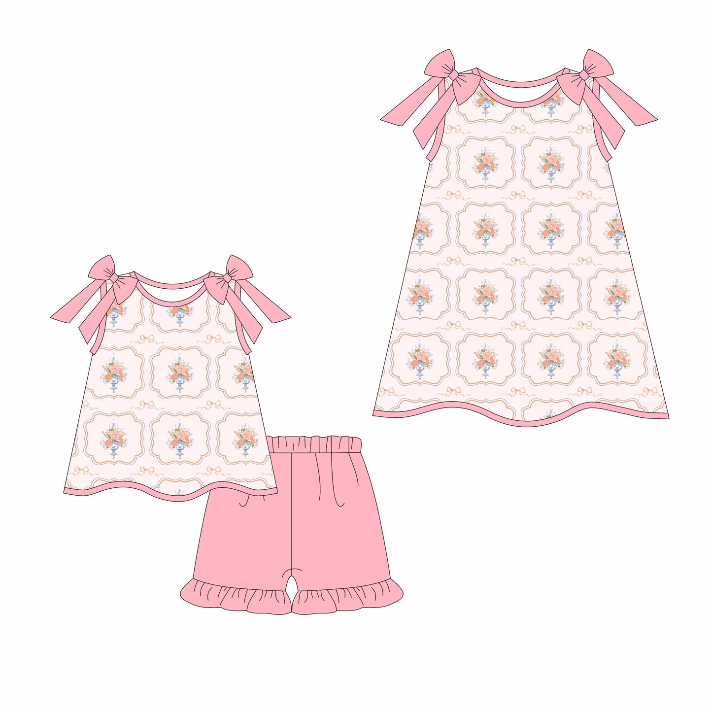 Preorder moq 5 Custom Baby Girls Pink Strap Floral Plaid Tunic Ruffle Short Set Knee Length Dresses
