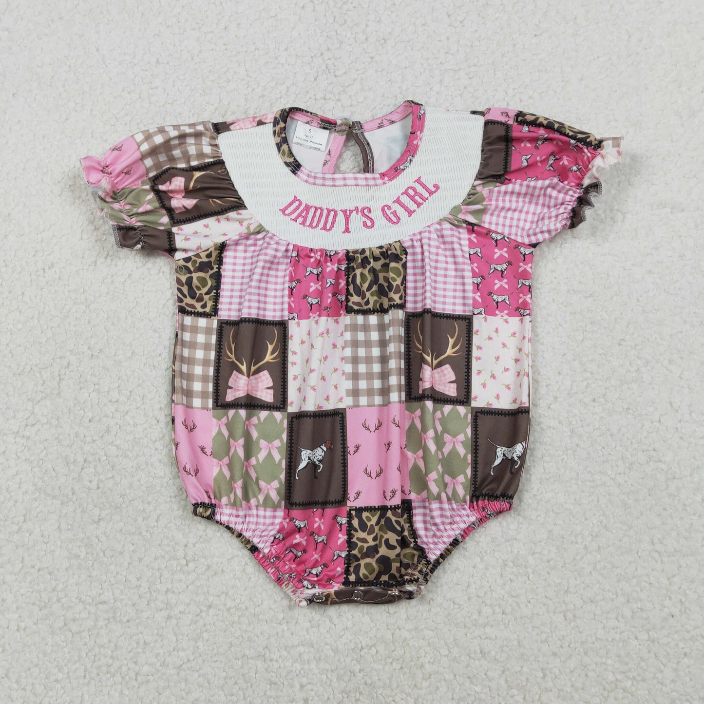 Smocked Daddy's Girl Baby Girls Deer Camo Checked Hunting Ruffle Rompers