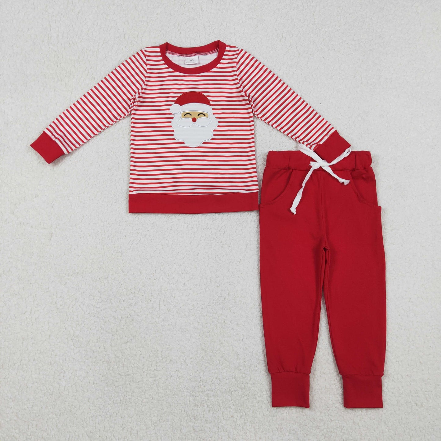 Embroidery Santa Baby Boys Red Stripe Top Pockets Jogger Pants Christmas Clothes Sets