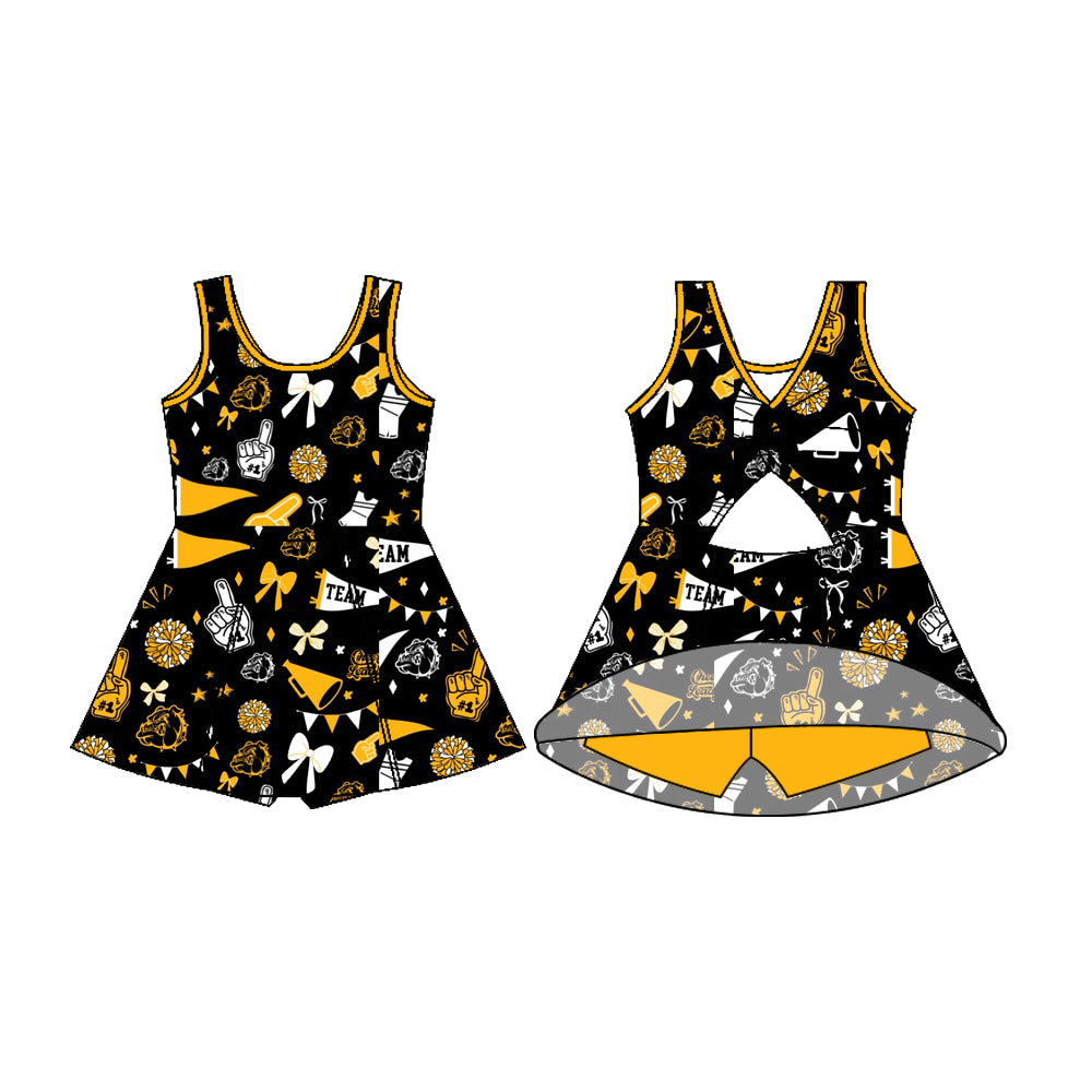 Preorder (moq 5)Baby Girls Sleeveless Black Gold Dogs Football Team Shorts Team Dresses