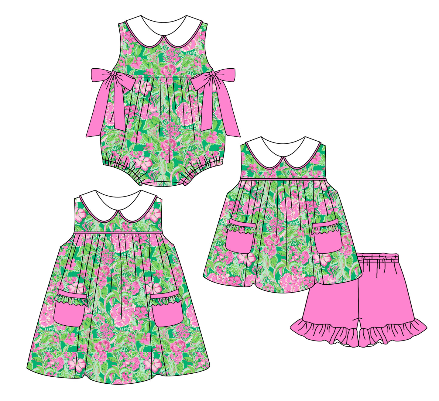Preorder moq 5 Custom Baby Girls Sleeveless Watercolor Floral Pockets Tunic Ruffle Short Set Knee Length Dress And Rompers