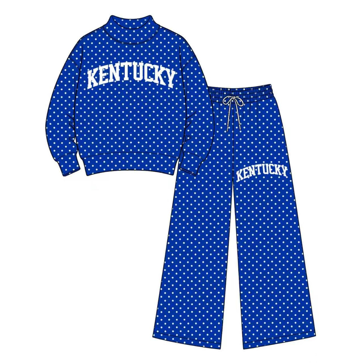 Preorder (moq 5) Adult Women Clothes Kentucky Blue Polka Dot Print Long Sleeve Mock Neck Top Wide Leg Pant Set