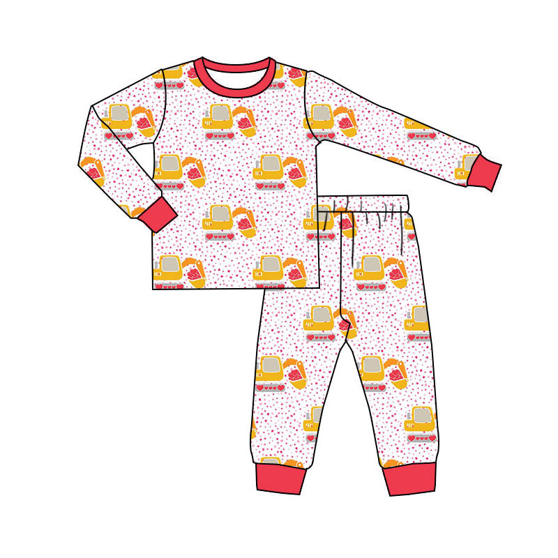 Preorder(moq 5) Baby Girls Hearts Excavators Polka Dots Top Pants Valentines Pajamas Sets
