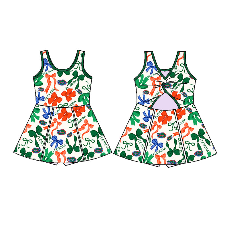 Preorder (moq 5)Baby Girls Green Sleeveless Bows Plaid Florida Shorts Team Knee Length Dresses