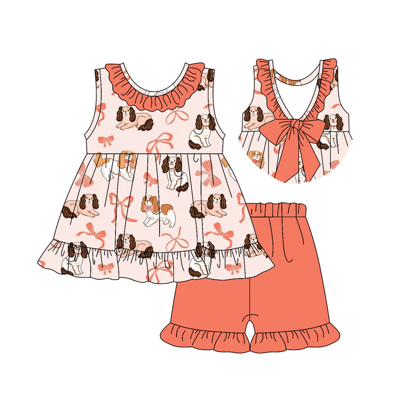 Preorder (moq 5)Baby Girls Peach Sleeveless Bows Dogs Tunic Ruffle Short Clothes Sets