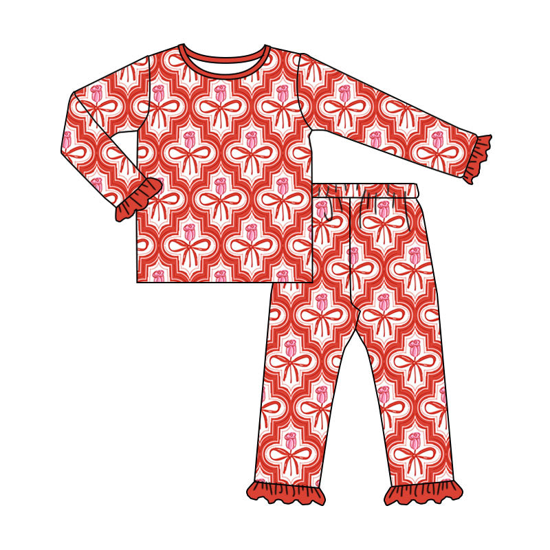 Preorder (moq 5) Baby Girl Clothes Red Bow Rose Geometric Mixed Print Long Sleeve Ruffle Pajama Set