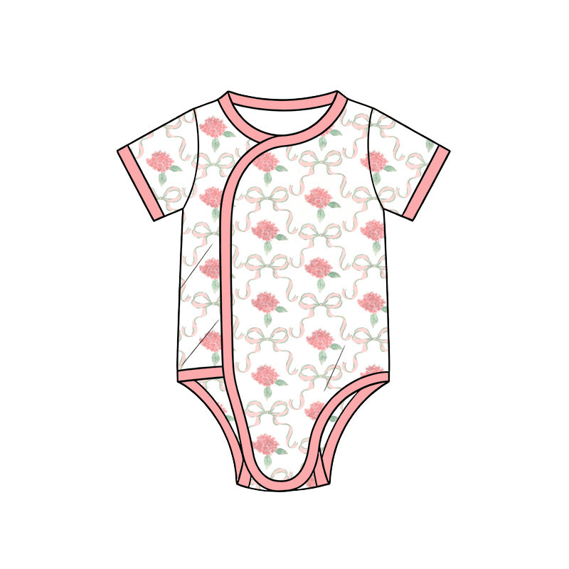 Preorder (moq 5) Baby Girl Clothes Pink Hydrangea Bow Mixed Print Short Sleeve Side Snap Baby Bodysuit