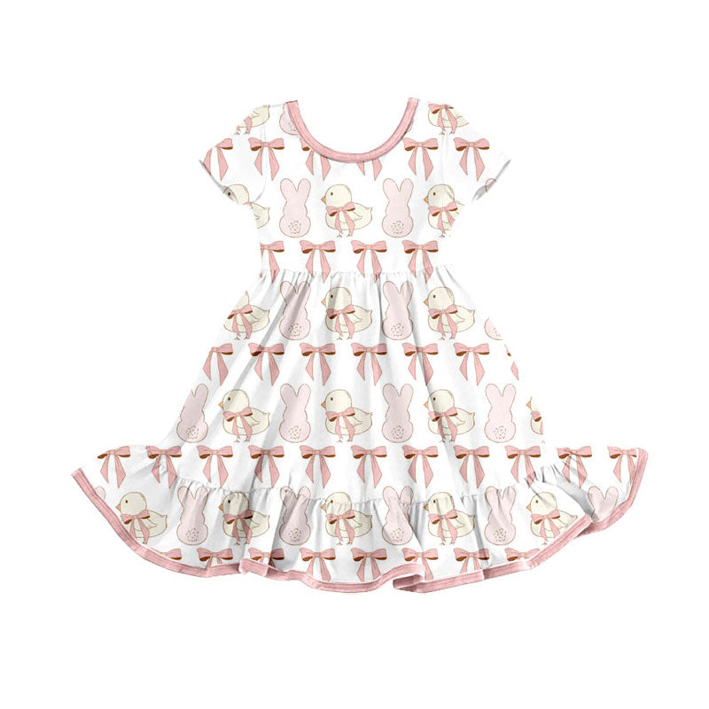 Preorder(moq 8)Baby Girls Rabbits Chicks Bows Stripe Easter Ruffle Knee Length Dresses