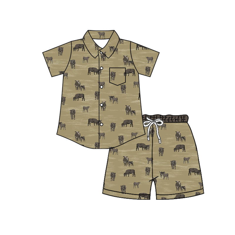 Preorder (moq 5)Baby Boys Cows Plaid Button Pocket Top Short Western Clothes Sets