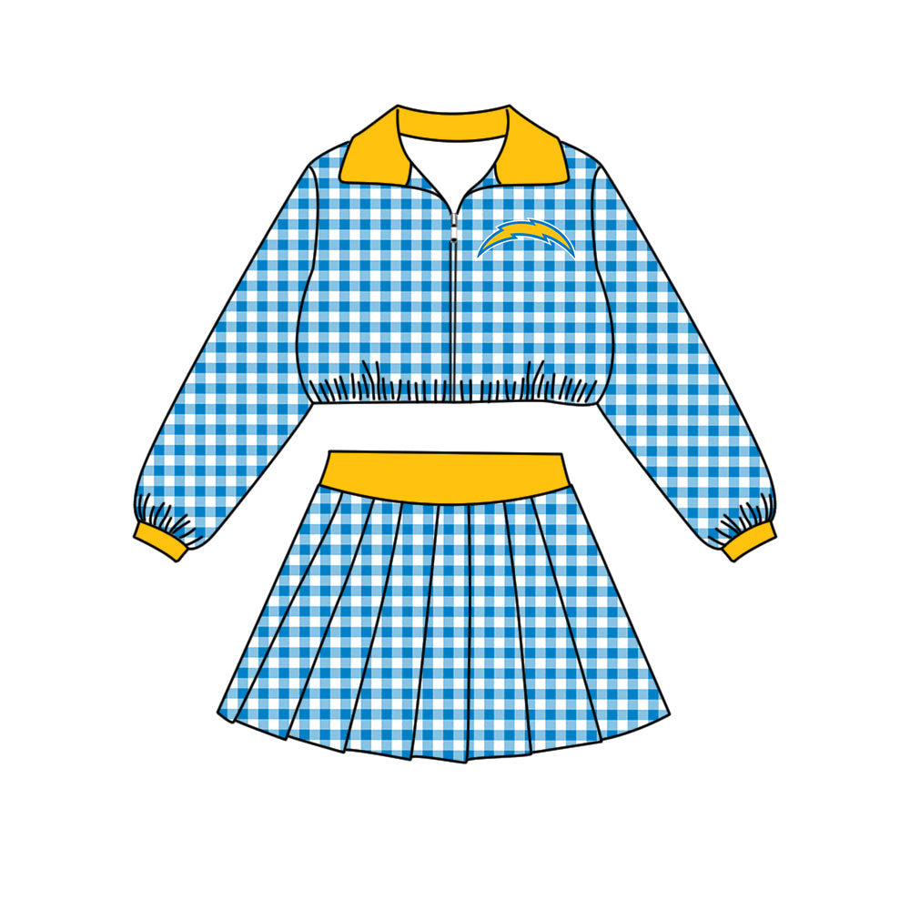 Preorder (moq 5)Baby Girls Black Checked Chargers Zip Pullovers Skirt Short Team Clothes Set