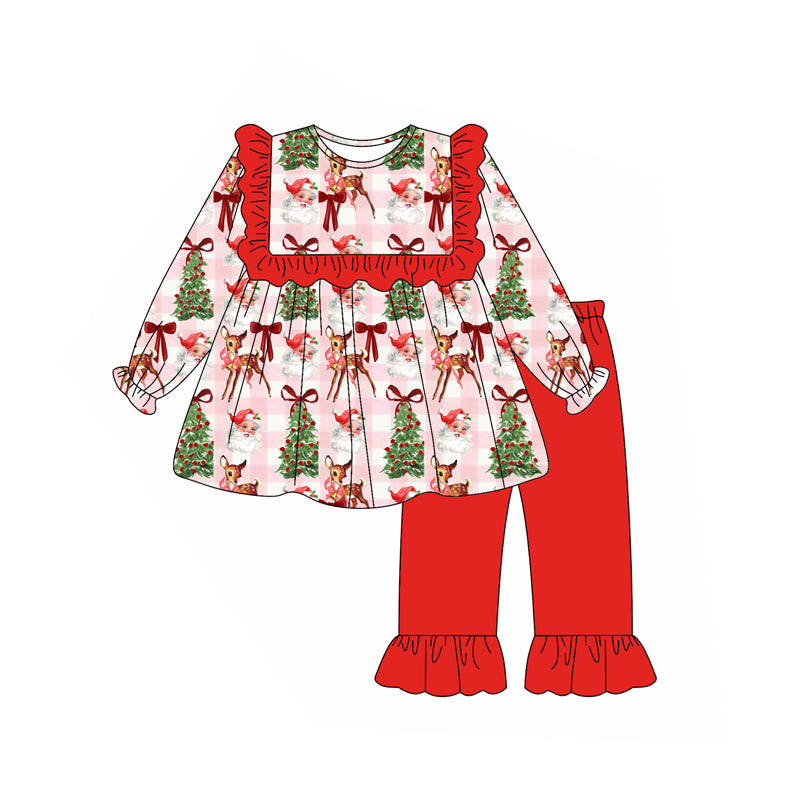 Preorder (moq 5)Baby Girls Long Sleeves Red Plaid Santa Trees Deer Tunic Ruffle Pant Set