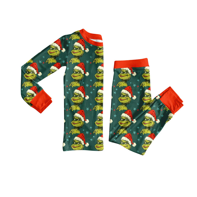 Preorder(moq 5) Baby Girls Green Face Stars Stripe Top Pants Christmas Pajamas Set